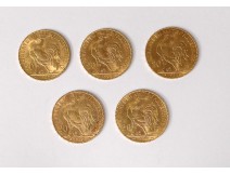 5 pieces gold 20 francs 1909 1910 1911 Rooster Marianne Chaplain Republic