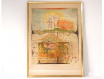 Lithograhie René Carcan Le Réveil composition landscape sun herd XXth