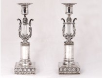 Pair candlesticks solid Swedish lyre masks Sweden 1833 silver nineteenth