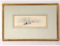 Drawing ink marine André Hamburg boats at sea dedication 1964 XXth century