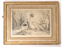 Engraving nude women bathers naiads Source of ap. Watteau eighteenth century