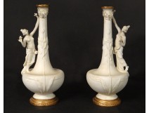 Pair vases soliflores gilt bronze biscuit women flowers Art Nouveau XIXth