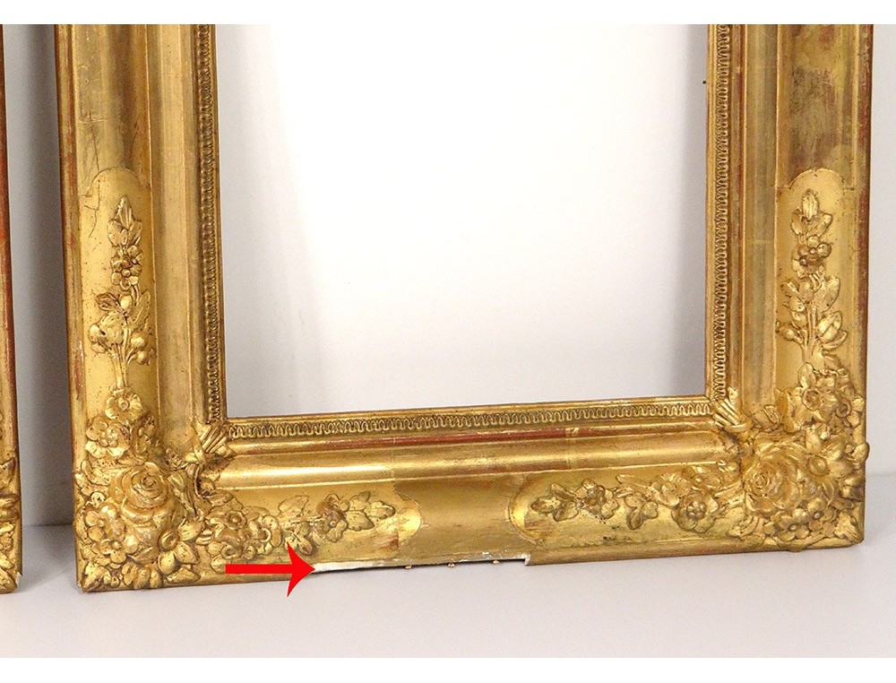 Paire cadres bois stuqué doré fleurs antique french frame XIXème siècle