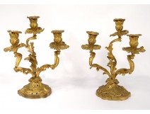 Pair candelabra 3 lights Louis XV rococo gilt bronze candlesticks nineteenth