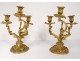 Pair candelabra 3 lights Louis XV rococo gilt bronze candlesticks nineteenth