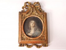 Miniature portrait Saint Mary Magdalene penitent carved wood frame 18th