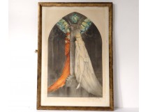 Lithograph aquatint Louis Icart Faust young girl church twentieth century