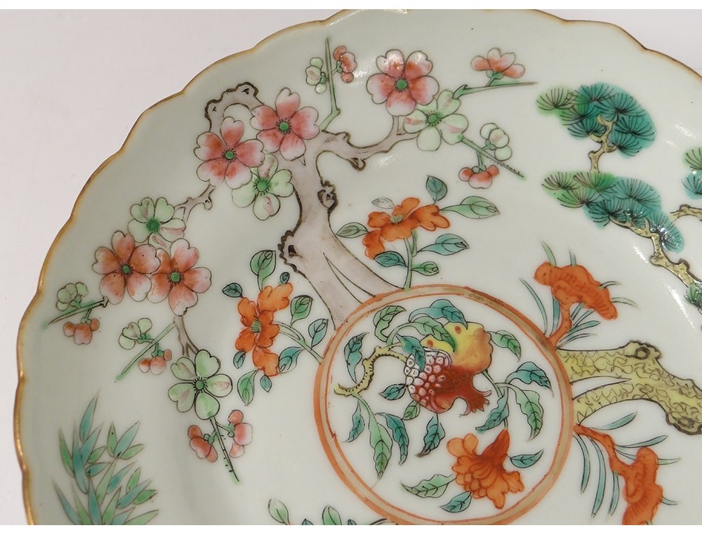 Petite Assiette Soucoupe Porcelaine Chinoise Fleurs Arbres