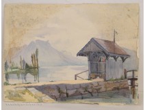 Watercolor mountain lake view Bidart twentieth