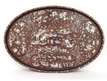 Oval tray wood mother of pearl cavalry characters Vietnam Indochina nineteenth