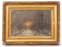 HST snowy landscape orée forest dusk Blin golden frame painting nineteenth