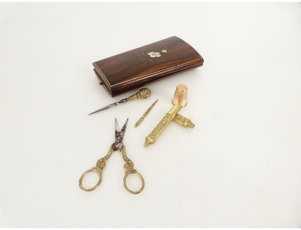 French Antique Gold Sewing Kit in Case