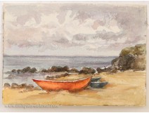 Watercolor seaside beach and boats Britain twentieth