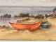 Watercolor seaside beach and boats Britain twentieth