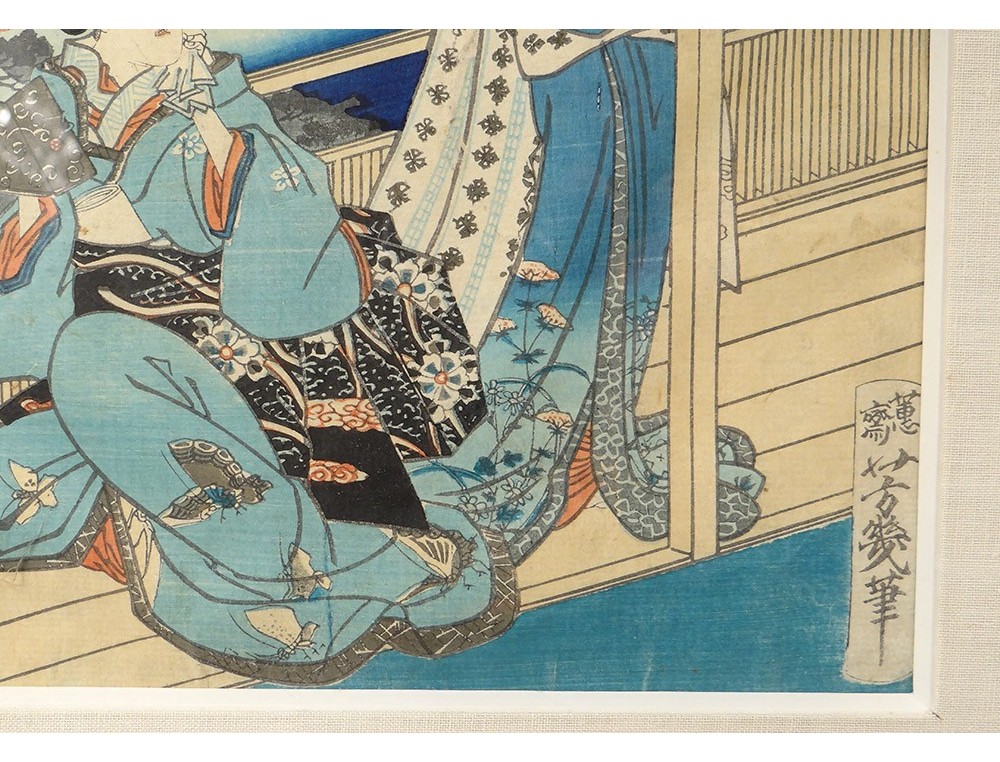 Estampe japonaise Ukiyo-e femmes paysage barques courtisanes Oiran XIXème