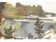 Watercolor landscape park pond twentieth Normandy castle