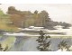 Watercolor landscape park pond twentieth Normandy castle