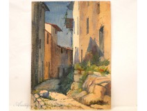 Watercolour Village alley south of France Paul Biget twentieth