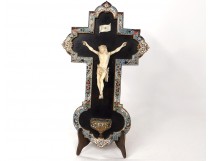 Crucifix Christ carved cross cloisonné enamels bronze black marble nineteenth