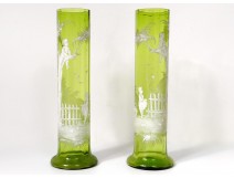 Pair vases glass enamelled mary Grégory kids tree fruit landscape nineteenth