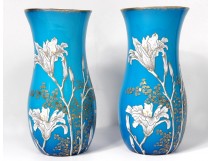 Pair of blue enamelled opaline vases Baccarat lily gilding flowers nineteenth century