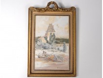 Small watercolor landscape Alexis de Broca Manor Clisson chickens Loire twentieth