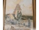 Small watercolor landscape Alexis de Broca Manor Clisson chickens Loire twentieth