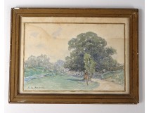 Small watercolor landscape Alexis de Broca Manor Clisson chickens Loire twentieth