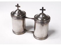 Pair ampoules holy oil catechumen Chrême sterling silver cross nineteenth