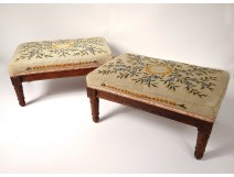 Pair of Footrest Directoire walnut carved tapestry flowers eighteenth