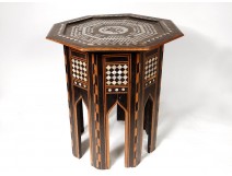 Small pedestal octagonal syrian wood marquetry mother of pearl wood XIXth