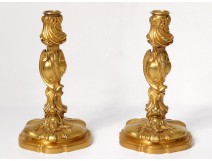 Pair candlesticks gilt bronze mascaron woman Fernand Fish Art Nouveau twentieth