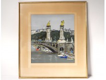 Watercolor gouache view bridge Alexandre III Paris Seine Tristani twentieth century