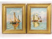 Pair HSP paintings marine boats fishing sailboats Mediterranean painting twentieth