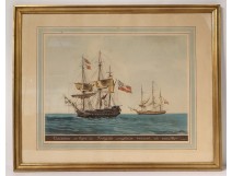 Watercolor marine frigate vessel English Marseille JJ. Baugean 1816 Nineteenth