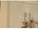 Watercolor marine frigate vessel English Marseille JJ. Baugean 1816 Nineteenth