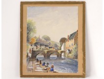 Watercolor Quimperlé washerwomen women bridge Lovignon Brittany Finistère twentieth