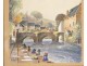 Watercolor Quimperlé washerwomen women bridge Lovignon Brittany Finistère twentieth