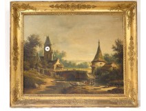 Table clock HST landscape countryside steeple chapel French school nineteenth