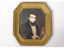 Miniature painted portrait bourgeois man scholar frame brass nineteenth century