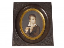 Miniature portrait JF. Fontallard child son Henri playing flute nineteenth