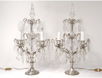 Pair of candelabra 4 lights with tassels crystal cut bronze silver nineteenth