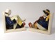 Pair of bookends earthenware Quimper HB woman goose player biniou bretons twentieth