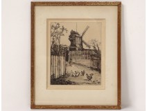 Engraving etching Eugène Béjot Moulin de la Galette Paris chickens twentieth century