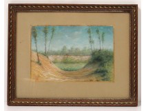 Drawing pastel landscape countryside border forest trees monogrammed 1911 twentieth