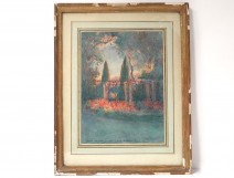 Watercolor landscape park sunset bastide Juan les Pins Rogolini twentieth