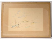 Watercolor marine boats georges Cyr Pourville Normandy sea 1933 XXth