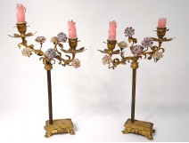 Pair candlesticks 2 lights gilt bronze flowers porcelain Napoleon III nineteenth