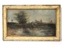 HSP Impressionist Landscape Landscape Village Pond Signed Nineteenth