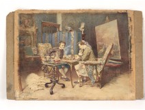 Watercolor Gallelli indoor scene chess players barzoï dog paintings twentieth